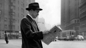 Johnny Mercer leaning against a fire hydrant reading a newspaper.